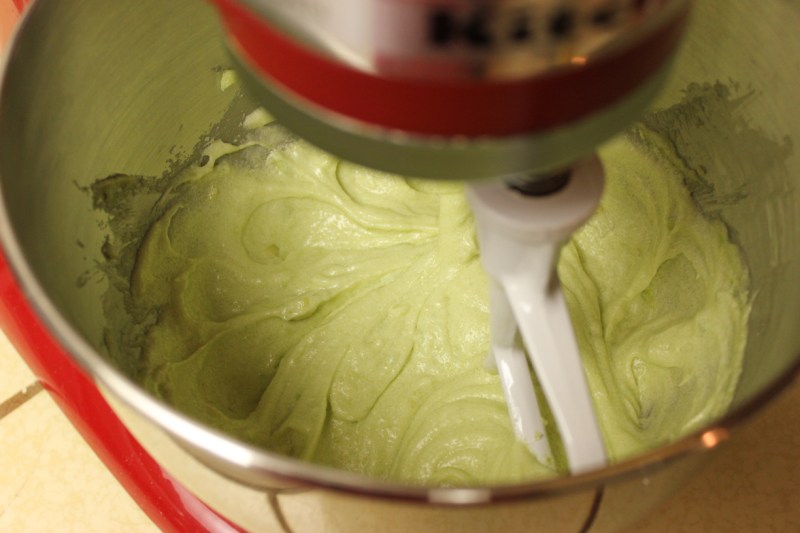 Wet ingredients all mixed up. Notice the slightly green batter.